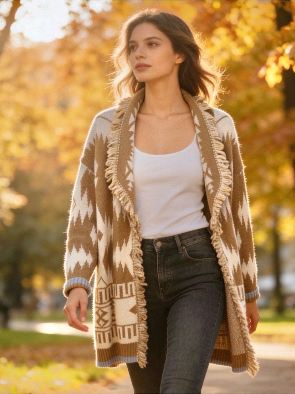 Cocogio Made in Italy Long Southwest Aztec Knit Fringe Cardigan Sweater Large